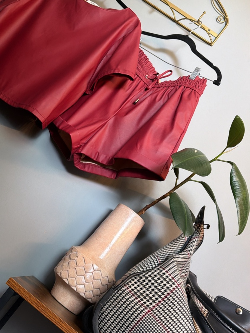 Vegan Leather 2PC Short Set Burgundy Berry Faux Leather Lounge Set | Large
